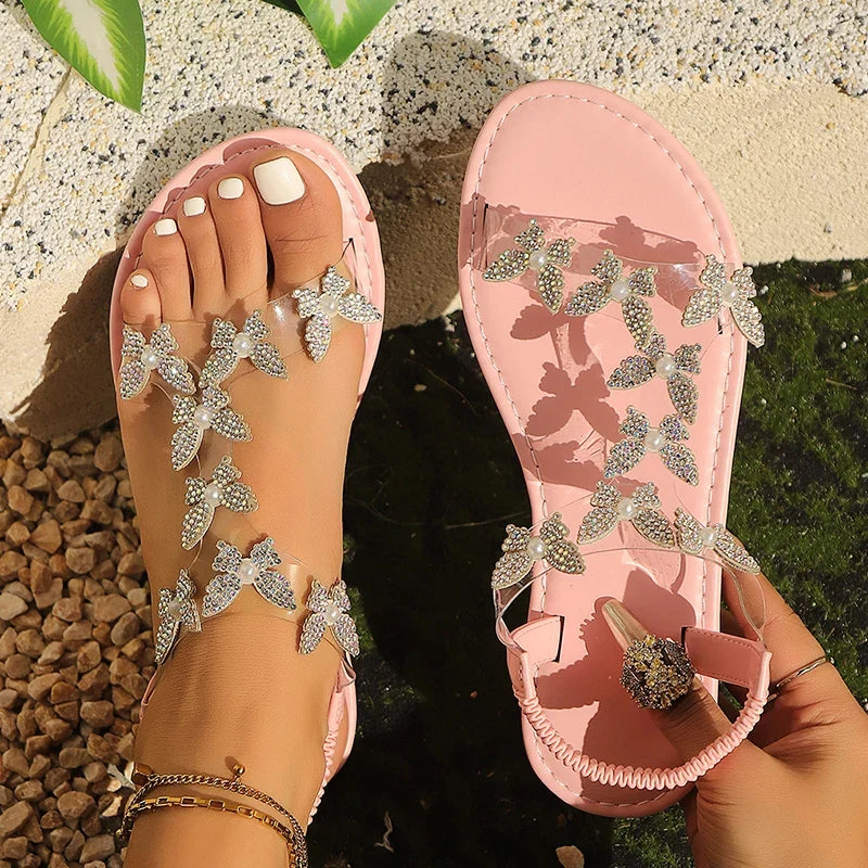 Summer Bling Butterfly Diamond Flat Sandals for Women Luxury Pearl Elastic Band Woman Sandles Plus Size Woman Sandals