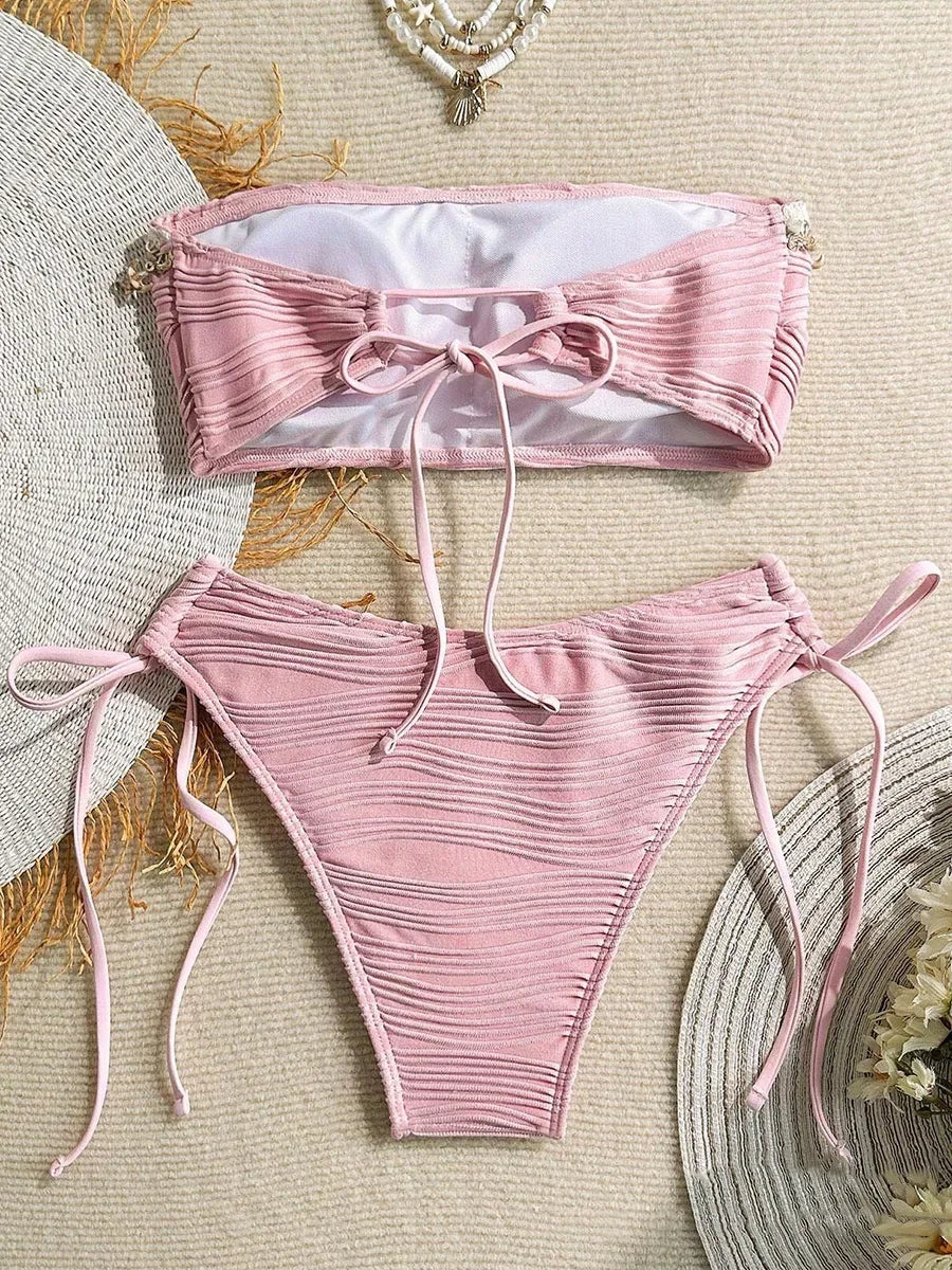 XS - XL Bandeau Wrinkled High Cut Bikini Women Swimwear Female Swimsuit Two-pieces Bikini Set Shell Bather Bathing Suit Swim
