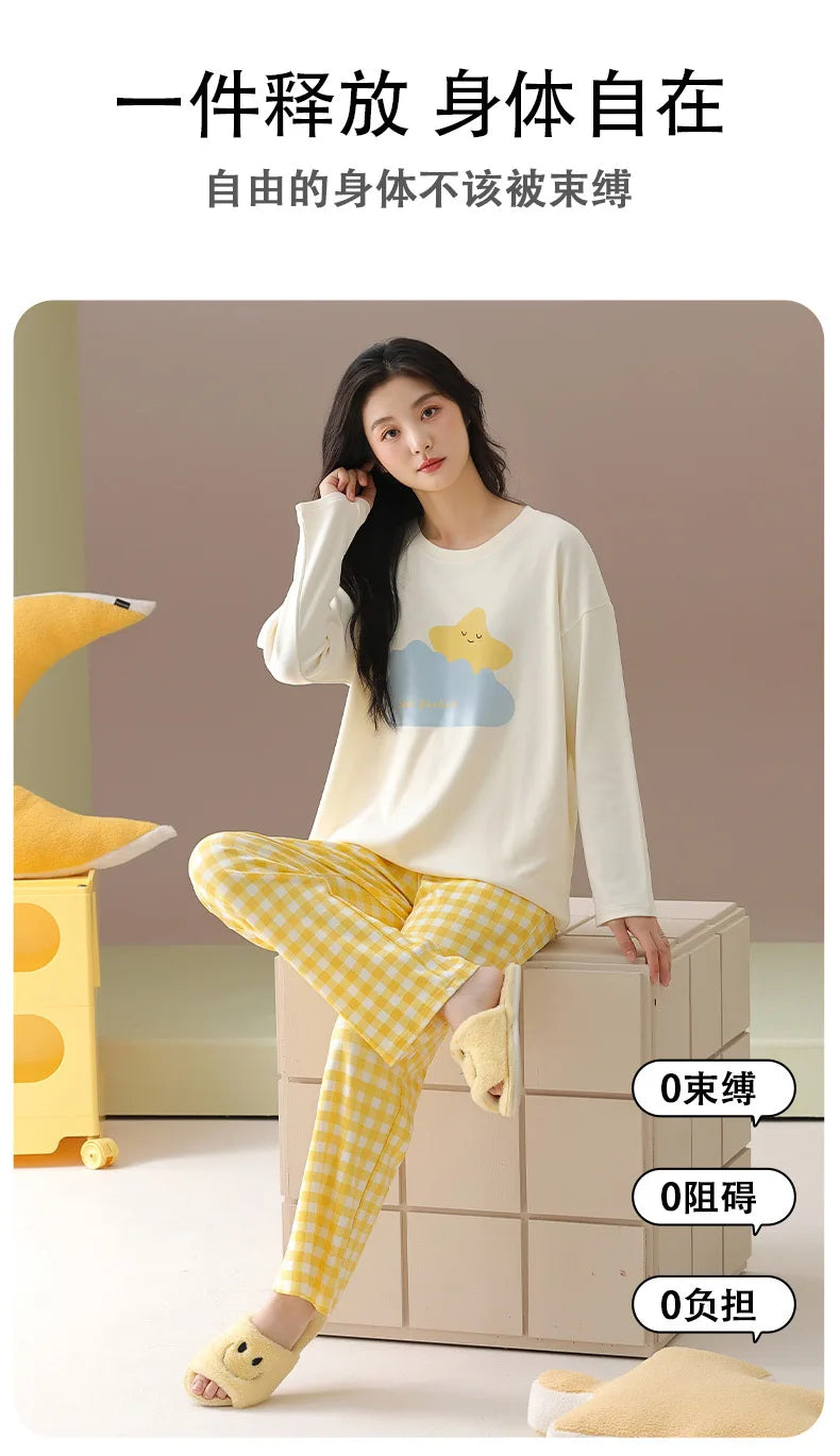 Pure cotton pajamas for women, long-sleeved trousers, can be worn outside, pure cotton home clothes, Class A antibacterial 100%