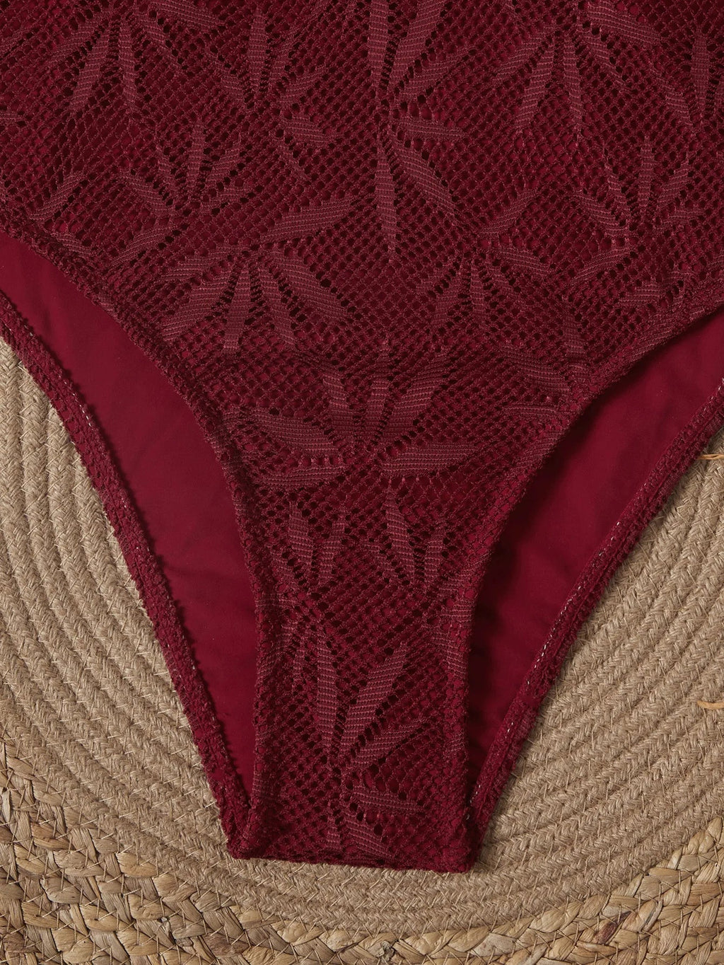 2026 Vintage Coffee Leaves Print One Piece Swimsuit Women Beaded String Hollow Out Backless Mesh Slim Fit Tummy Control Swimwear