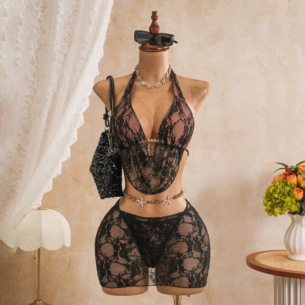 Sexy Black Mesh Shorts 3 Piece Bikinis Sets  2026 Women Pearls Push Up Tassel Bra Swimsuit Beach Holiday Bathing Suit Swimwear