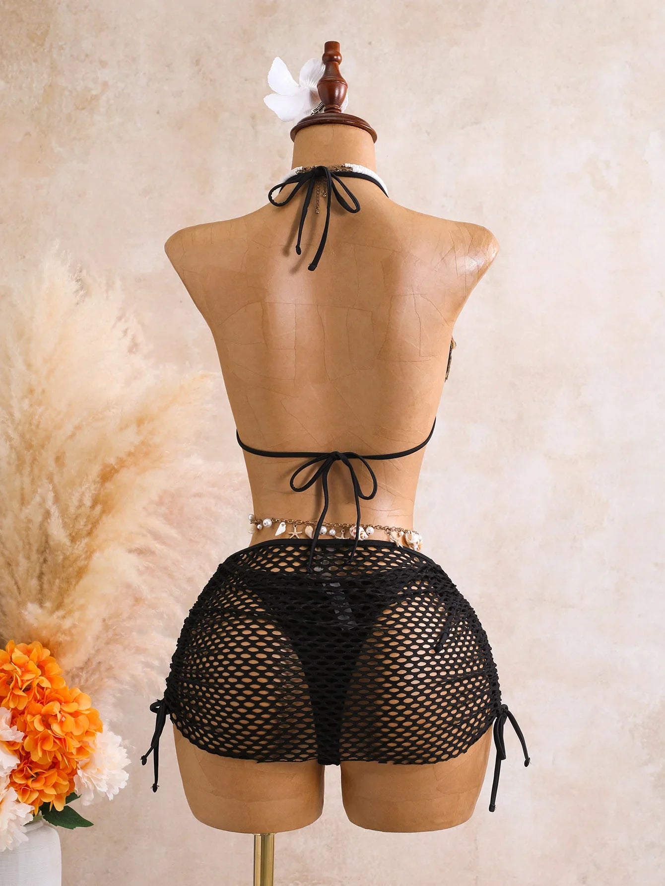 Sexy Black 3D Flower Holiday Bikini Set 2026 Women Drawstring Side Knitted Cover Up 3 Piece Swimsuit Beach Bathing Suit Swimwear