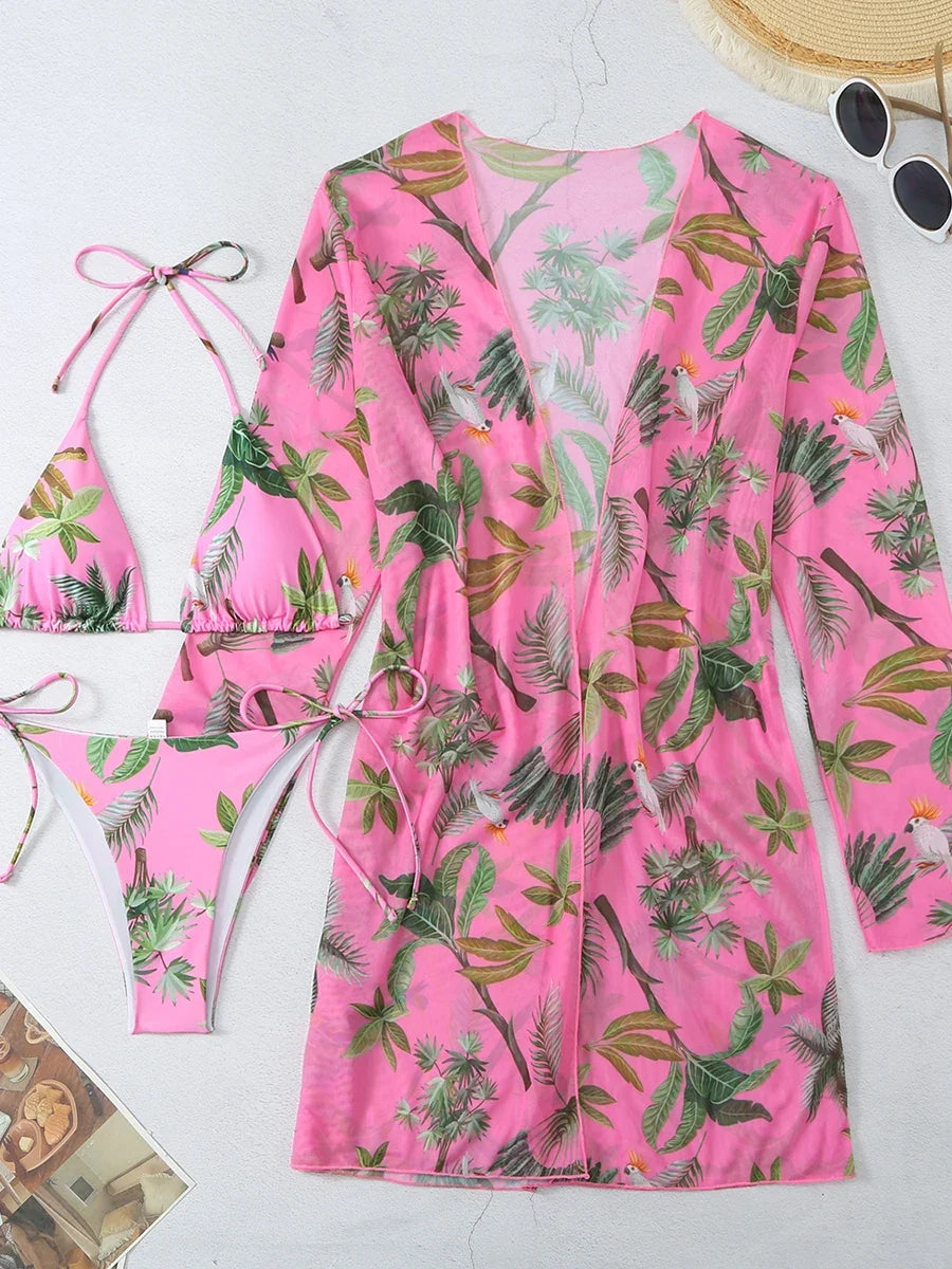 3 Pieces Printed Halter String Bikini 2026 Women & Kimono Swimwear Female Swimsuit Beachwear Bathers Bathing Swimming Swim Suit