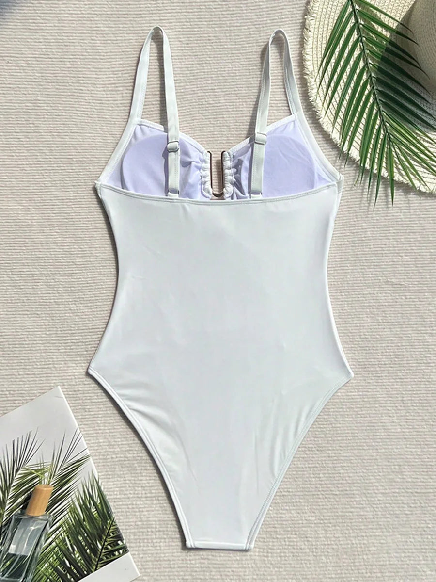 U Shaped Pleated Swimsuits Female Swimwear One Piece Swimsuit Women Monokini High Cut Bathing Suit Swim Beachwear Slim Bodysuit