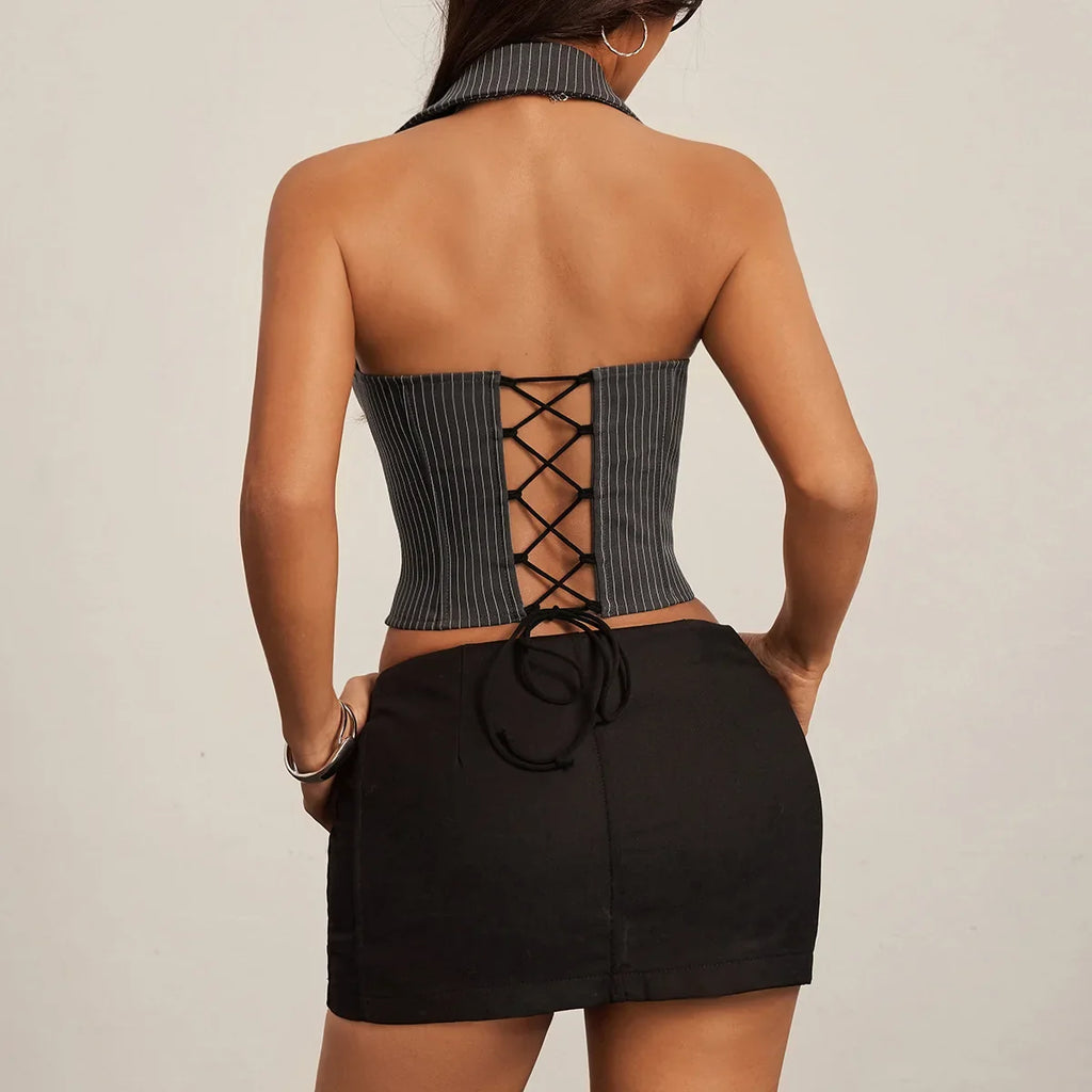 Phantasy Fashion Lace up Striped Women's tanks Sexy Shirt Backless Fishbone Camisole Lady Summer Hotsweet V neck Top Streetwear