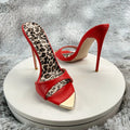 Red matte Leopard Base Slippers Pointed Toe Thin High Heels Women's Shoes Summer Casual Sexy Slip On Party One Word Belt Slipper