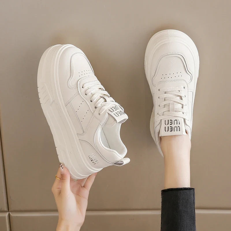 Pu Leather Thick Bottom Sneakers Women 2025 Breathable Platform Vulcanised Shoes Woman Womens All Match Lace Up Casual Sneakers