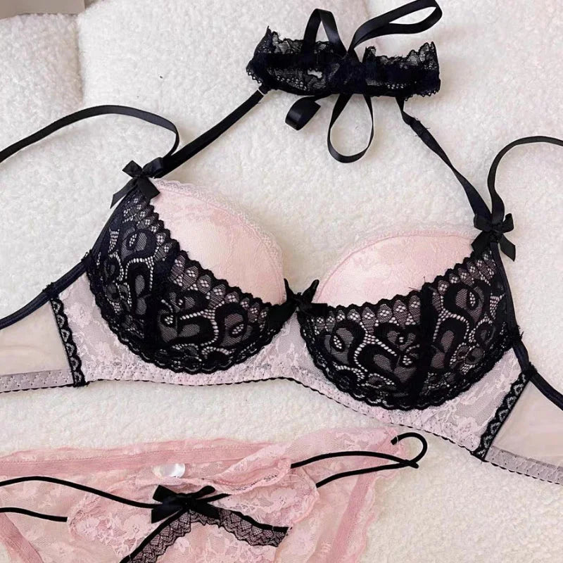 Sexy Lace Bow Maid Halter Bra Lingerie Set Women's Dark Black, White, Pink Detachable Push Up Underwear Thong Gifts Of The Night