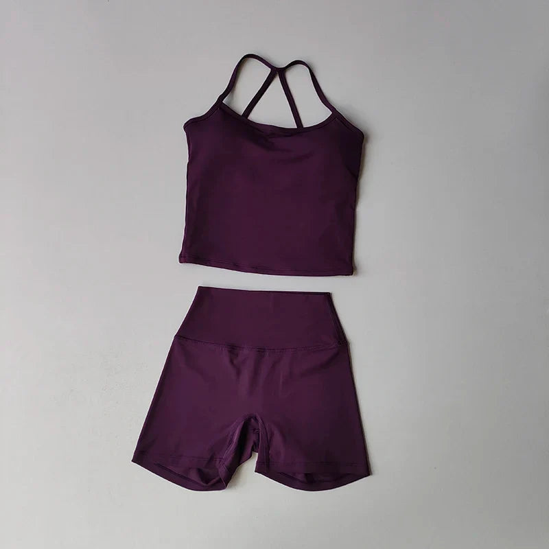 Women's Slim Shoulder Yoga Vest High Waisted Waist Hugging Naked Yoga Three Part Shorts Exercise Set Popular Fitness Clothing