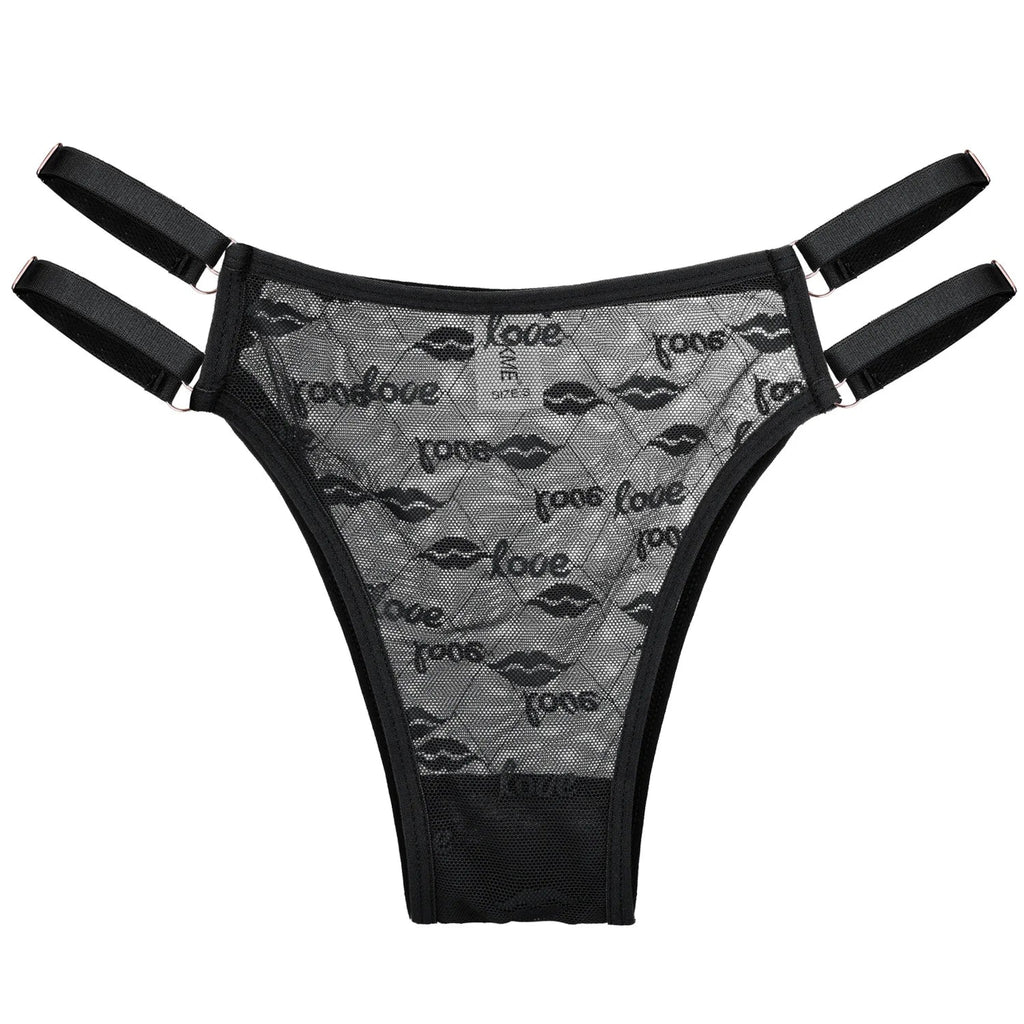 Love Letter Print Women Briefs Mesh Transparent Ring Buckle Adjustable Hollow-out Underwear Low-waist Panties String Lingerie