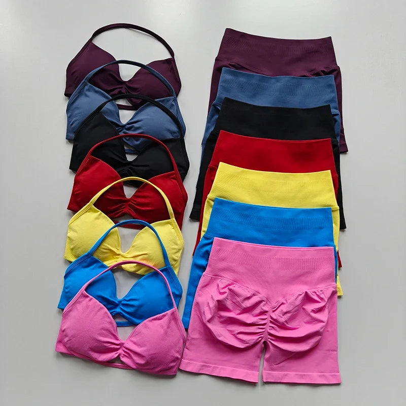 2PCS Backless Sports Bra High-Waisted Yoga Shorts Set Sexy Neck Hanging Design Abdomen Hip Lifting Fitness Outfit