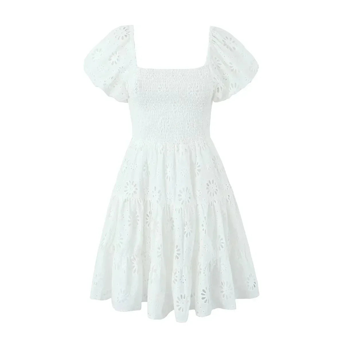 Puff Sleeve Cotton White Lace Dress Women Summer 2025 Square Collar Vintage Beach Short Dress Petite Flower Embriodery  Dress
