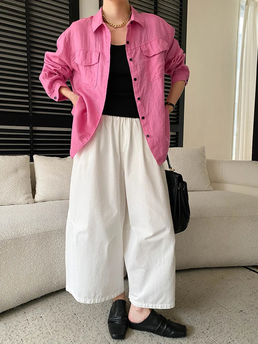Women White Linen Blend Button Down Shirt Turn Down Collar Chest Pocket Loose Fit Blouse For Summer And Vacation Outfit KY7U