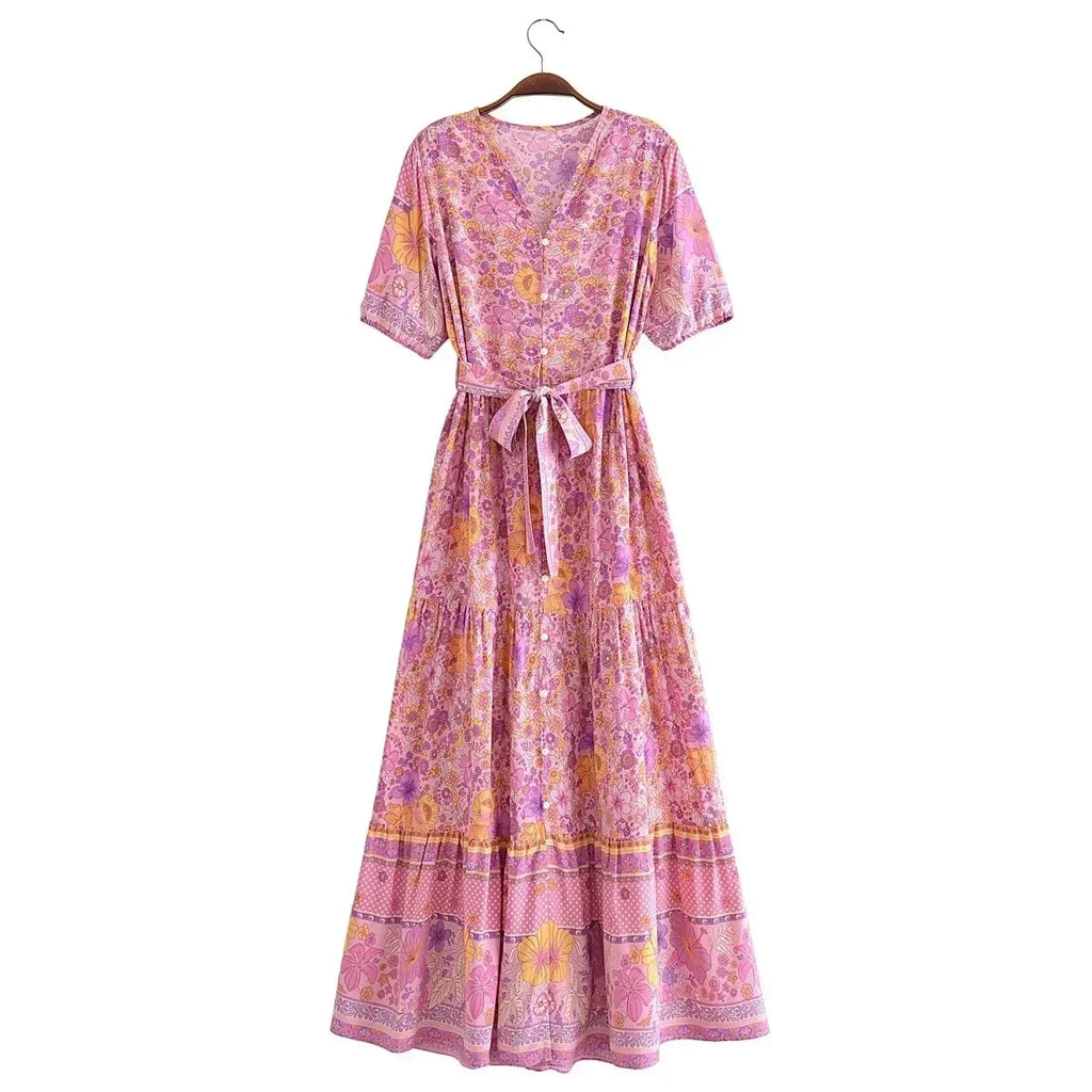 Foridol Single Breasted Bohemian Holiday Summer Women Dress Belt Casual Loose Maxi Floral Dress Short Sleeve Long Viscose Dress