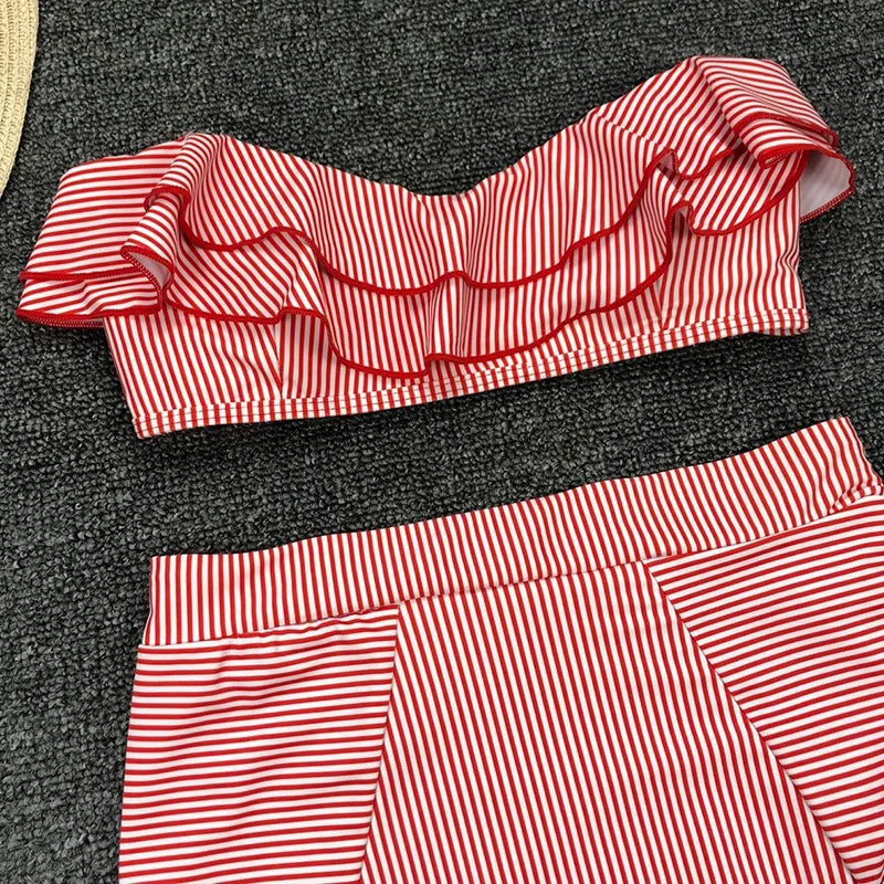 2025 Striped Top Ruffle High Waist Bikini Women Swimwear Female Swimsuit Two-pieces Bikini set Bandeau Bikinis Bathing Suit Swim