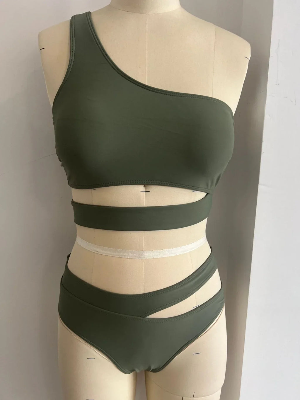Woman 2026 Bikini One Shoulder Top Olive Green Bikinis High Waist Brief Side Cut Out Swimwear Solid Cropped Top Two Piece