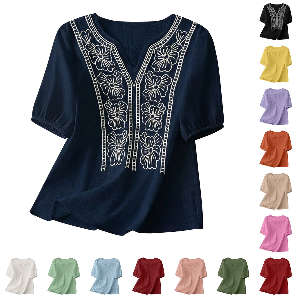 Women Summer Loose Embroidered V Neck Solid Color Short Sleeved Comfortable Button Down Shirt Top женская одежда