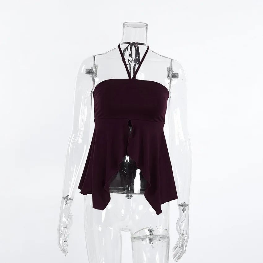 Phantasy Fashion Halter Crop top Fashion Brown Tank Top Women Sexy Split Camisole Lady Night Out Streetwear 2026 Summer Clothing