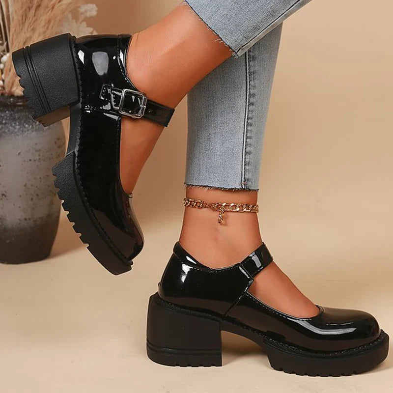 Elegant Adjustable Ankle Buckle Mary Jane Shoes Women Pu Leather Thick Heel Pumps Woman Round Toe Platform Casual Shoes Ladies