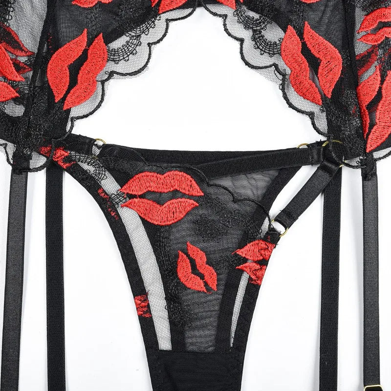 Toucheart Sexy Bra Lingerie 2-piece Set Mesh Transparent Bodysuit Heart Embroidery Lace Hollow Underwear Sexy Bras Body Femme