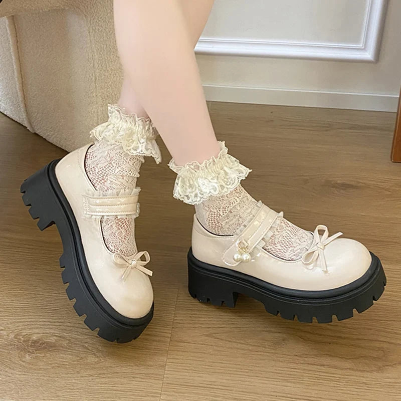 Sweet Bowknot Lace Strap Platform Mary Jane Shoes Women Korean Patent Leather Jk Lolita Shoes Woman 2025 Thick Heel Pumps Female