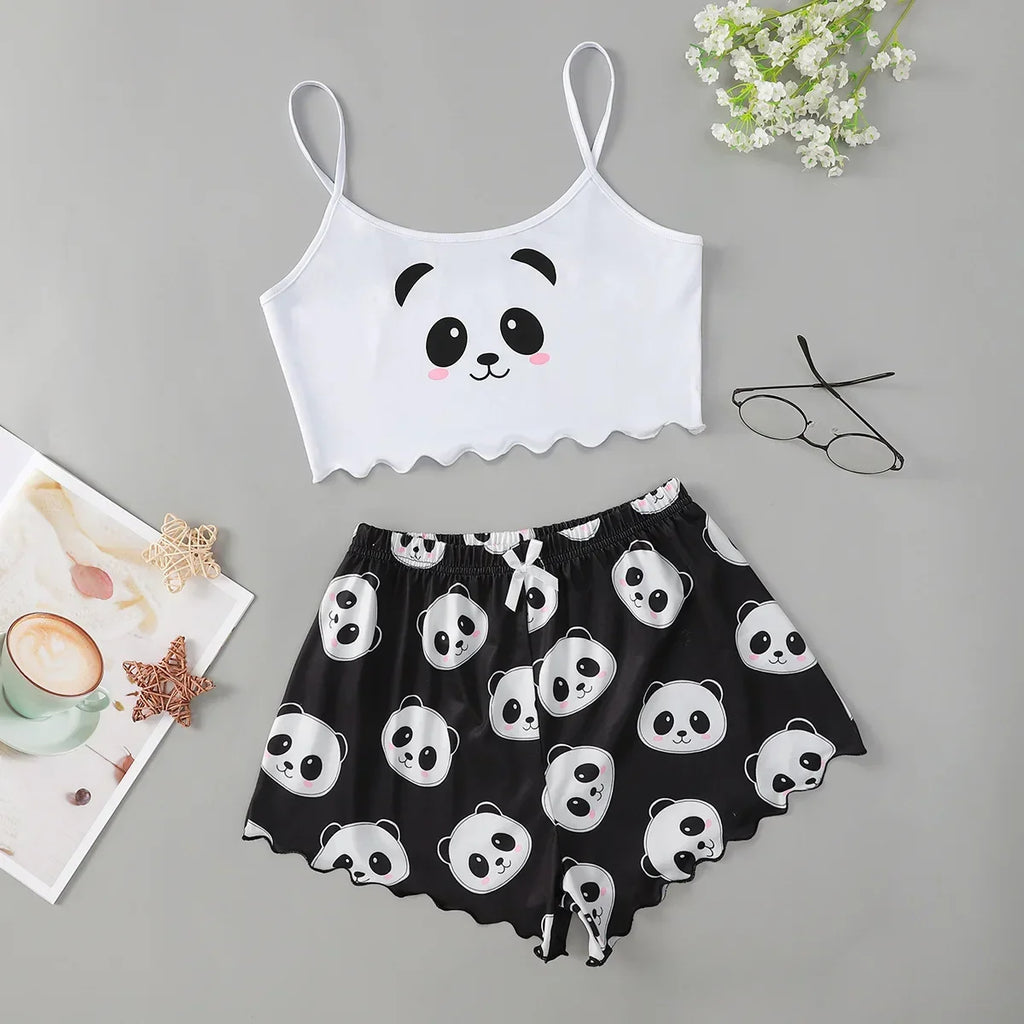 Summer Sleepwear Women's 2pcs Cute Soft Comfy Panda Print Sexy Sleeveless Shorts Homewear Pajama Set Loungewear
