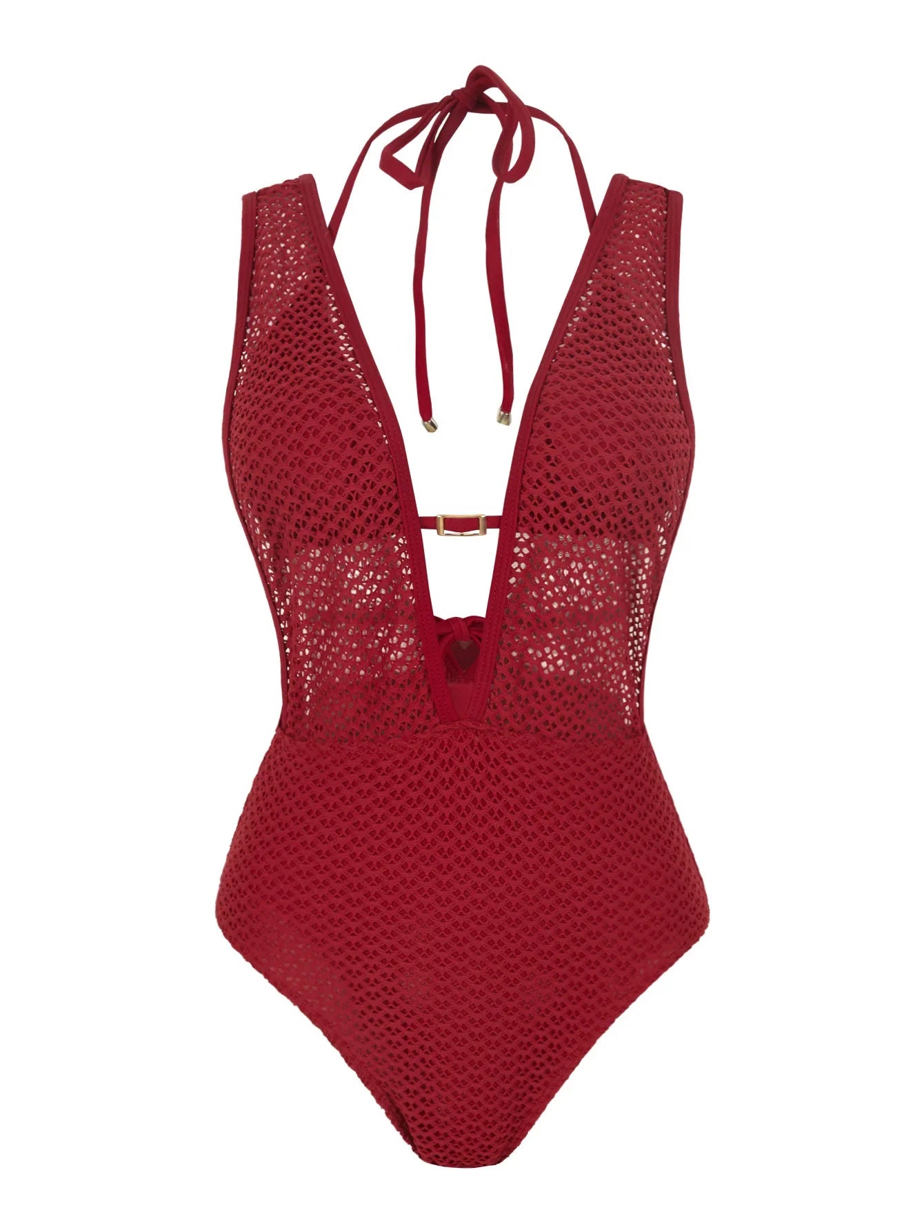 S - XL Deep V Neck Knit Fishnet Mesh One Piece Swimsuit Women Swimwear Female Backless Monokini High Leg Cut Bathing Suit Swim