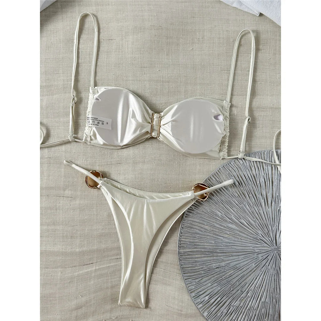 Sexy Metal Ring Bikini Women Swimwear Female Swimsuit Two-Pieces Bikini Set High Cut Leg Padded Bather Bathing Suit Swim V8311