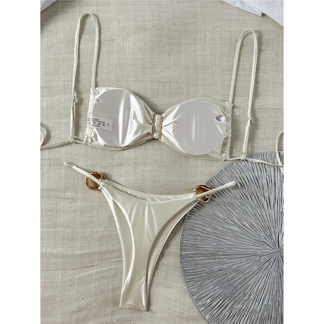Sexy Metal Ring Bikini Women Swimwear Female Swimsuit Two-Pieces Bikini Set High Cut Leg Padded Bather Bathing Suit Swim V8311