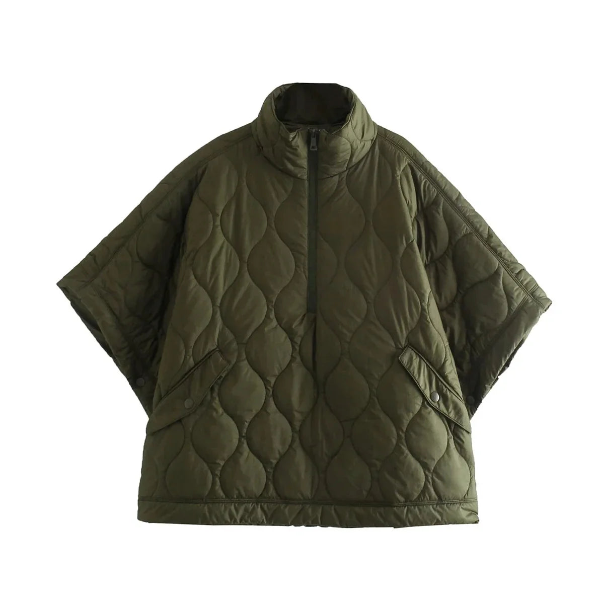 Quilted Argyle Coat Cape Rainproof Jacket Women Winter Jacket Army Green Casual Padded Loose Parkas Oversize Turtleneck Coat