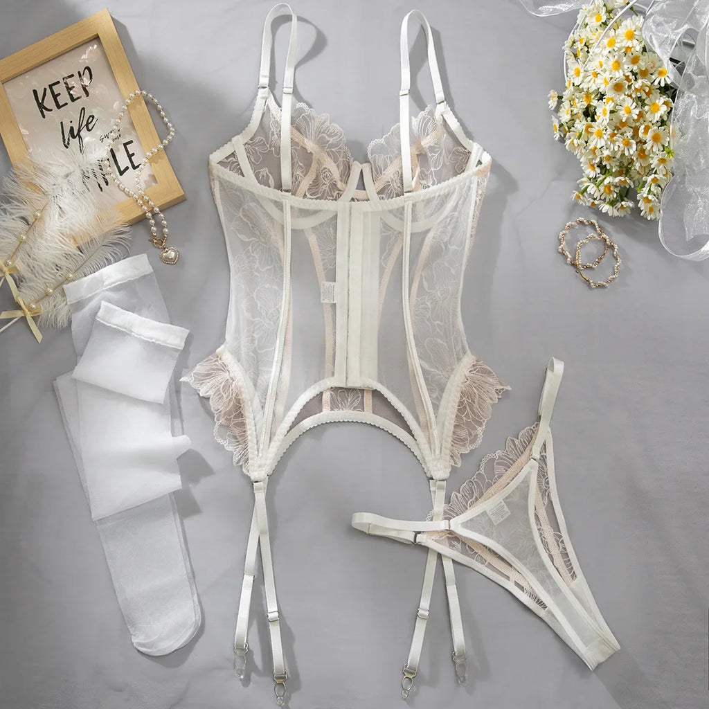 Embroidered flower underwear, sexy three-point mesh fishbone body shaping sexy suit with stockings