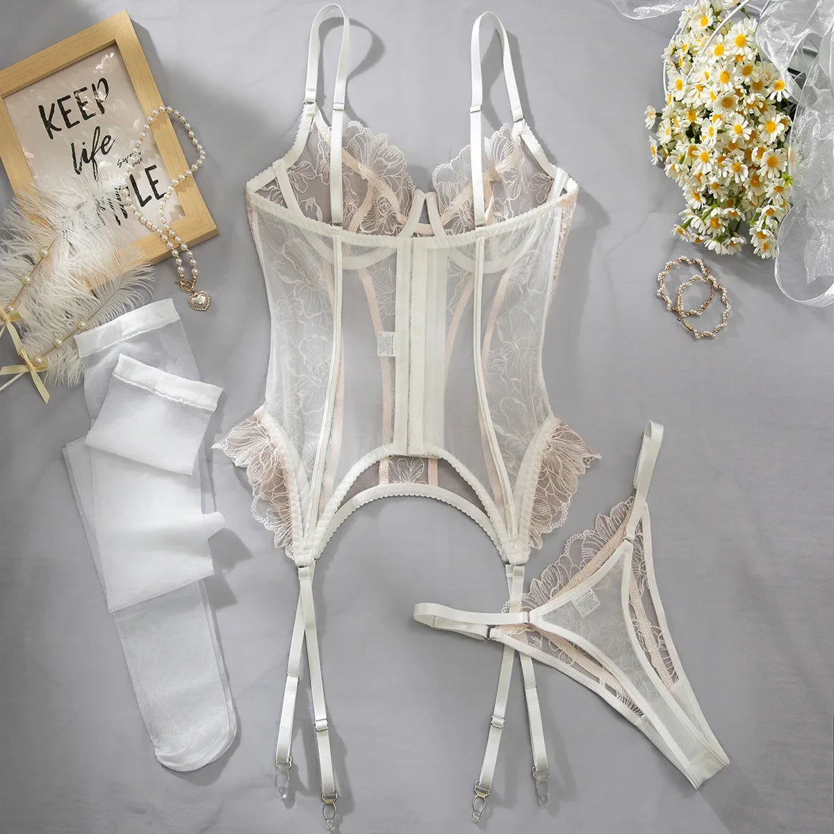 Embroidered flower underwear, sexy three-point mesh fishbone body shaping sexy suit with stockings