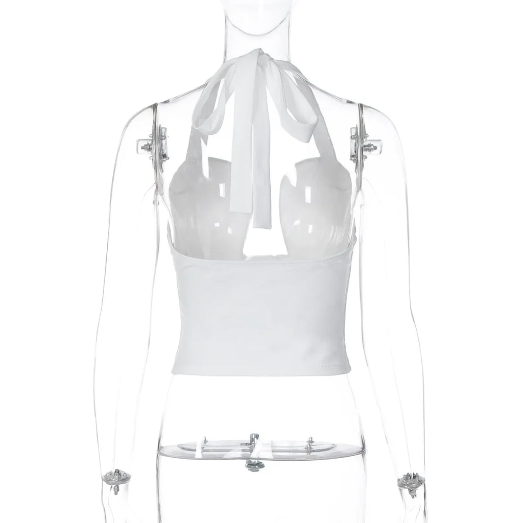 FDYOUI Sexy Hollow Out Corset Tops for Women Halter Backless Bandage Skinny Camisoles Lady White Black Cropped T-shirt Clubwear