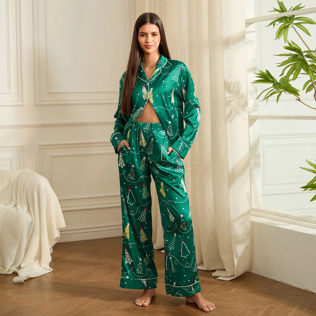 Women Christmas Pajamas Set Bow/Santa/Tree Print Long Sleeve Shirts Tops and Pants Sleepwear 2 Pieces Loungewear Suits
