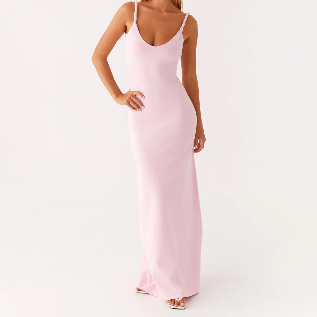Women Sleeveless Summer Solid Color Twisted Straps Dresses V-Neck Backless Party Club Vacation Beach Long Dresses