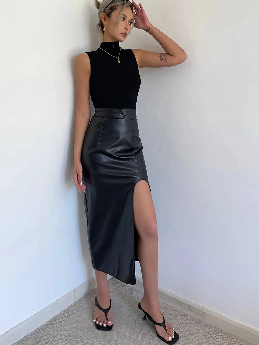 WOMENGAGA High Waist Slim Side Split PU Leather Skirt For Women Spring/Summer Irregular Split One Step Skirt Mid Length 761R