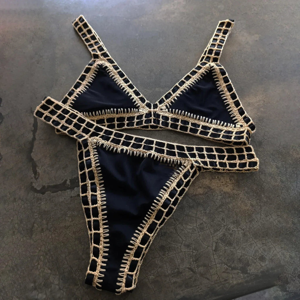 Hand Hook Bikini 2025 Bandeau Biquini Women Sexy Swimsuit Female Push Up Swimwear Solid Patchwork Bathing Suit Crochet Beachwear