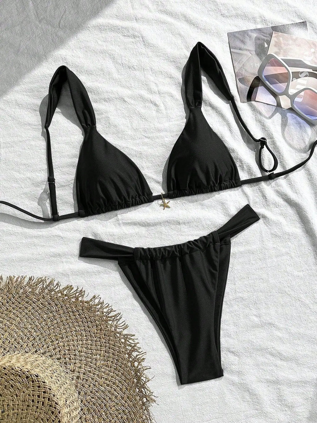 Sexy Starfish Ornament Bikini Set 2026 Women Sky Blue Pleate Push Up Bra Pleate Thong Swimwear Beach Bathing Suit Micro Swimsuit