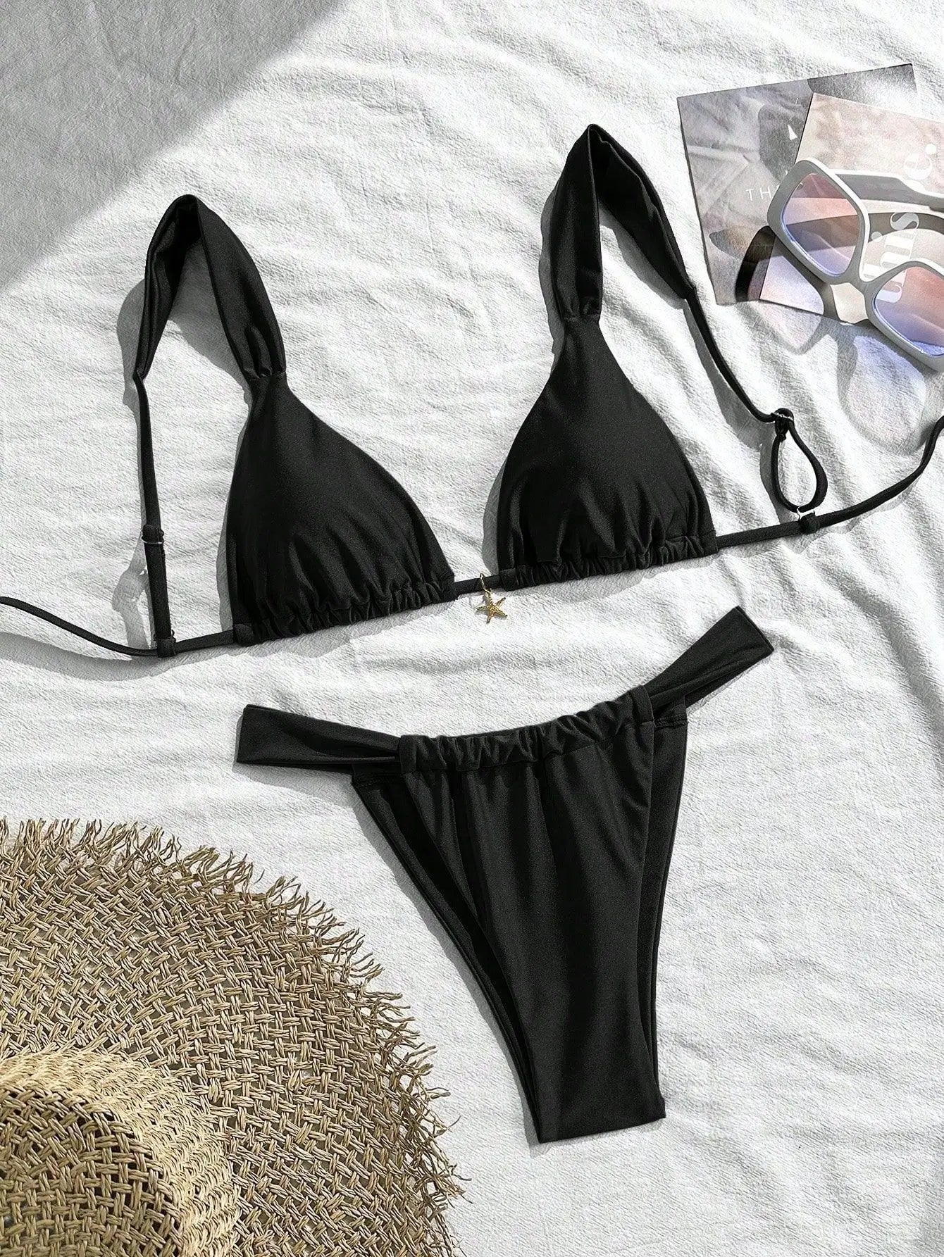 Sexy Starfish Ornament Bikini Set 2026 Women Sky Blue Pleate Push Up Bra Pleate Thong Swimwear Beach Bathing Suit Micro Swimsuit