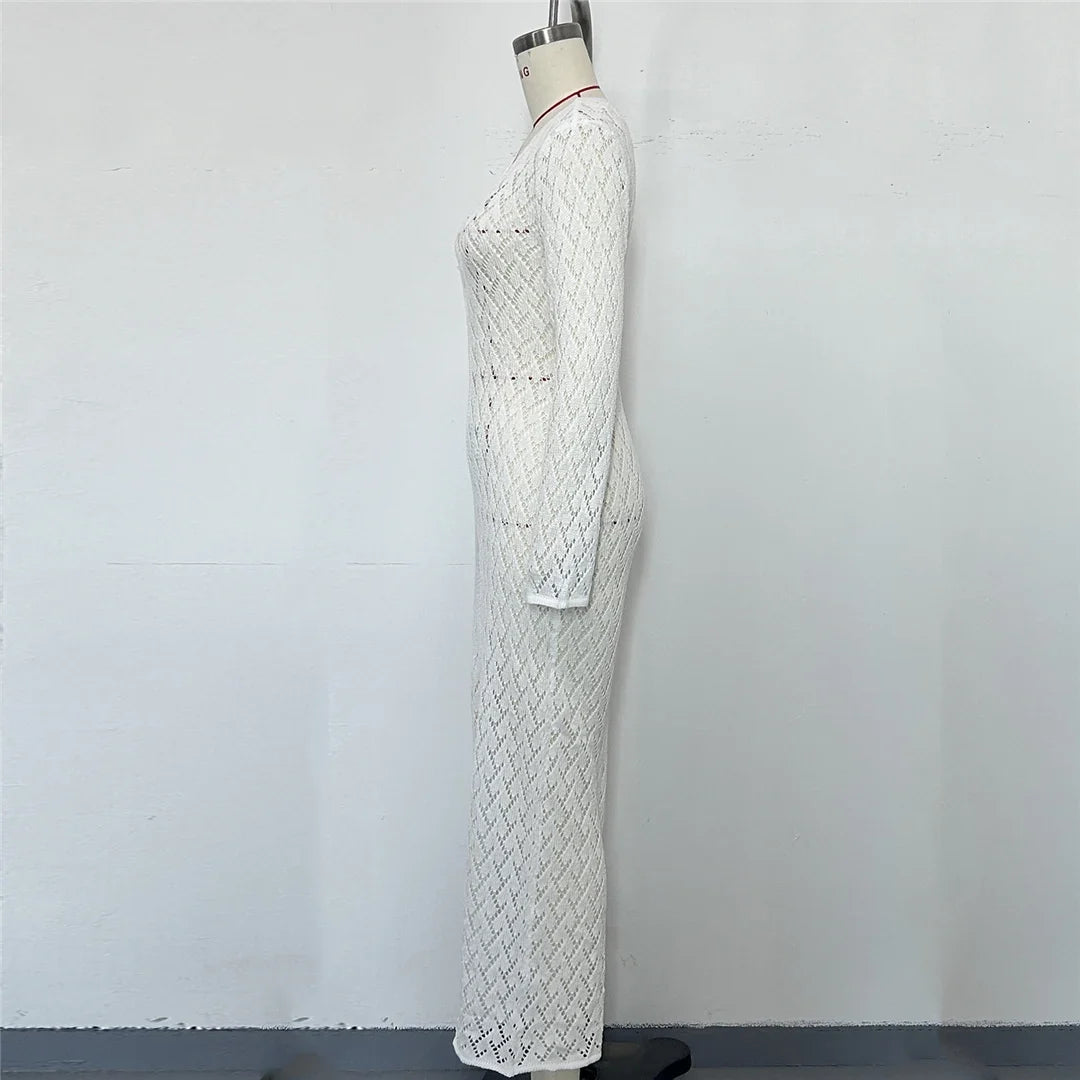 3 Colors Long Sleeve Cut Out Crochet Knitted Tunic Beach Cover Up Cover-ups Beach Dress Beach Wear Beachwear Female Women K6536