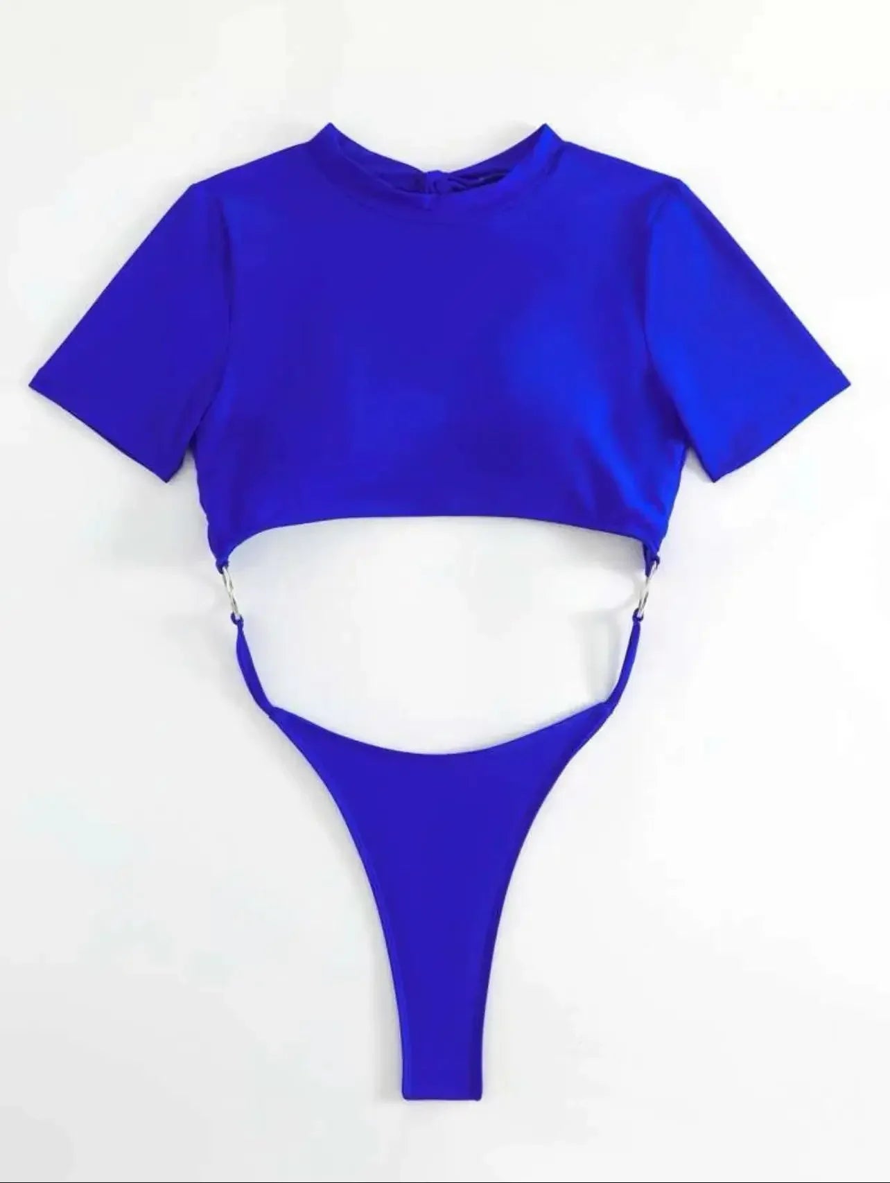 Bikini Women Swimsuit 2024 Blue Short Sleeve Hollow Out Thong Monokini Brazilian Beach Bathing Suit Push Up One Piece Swimwear