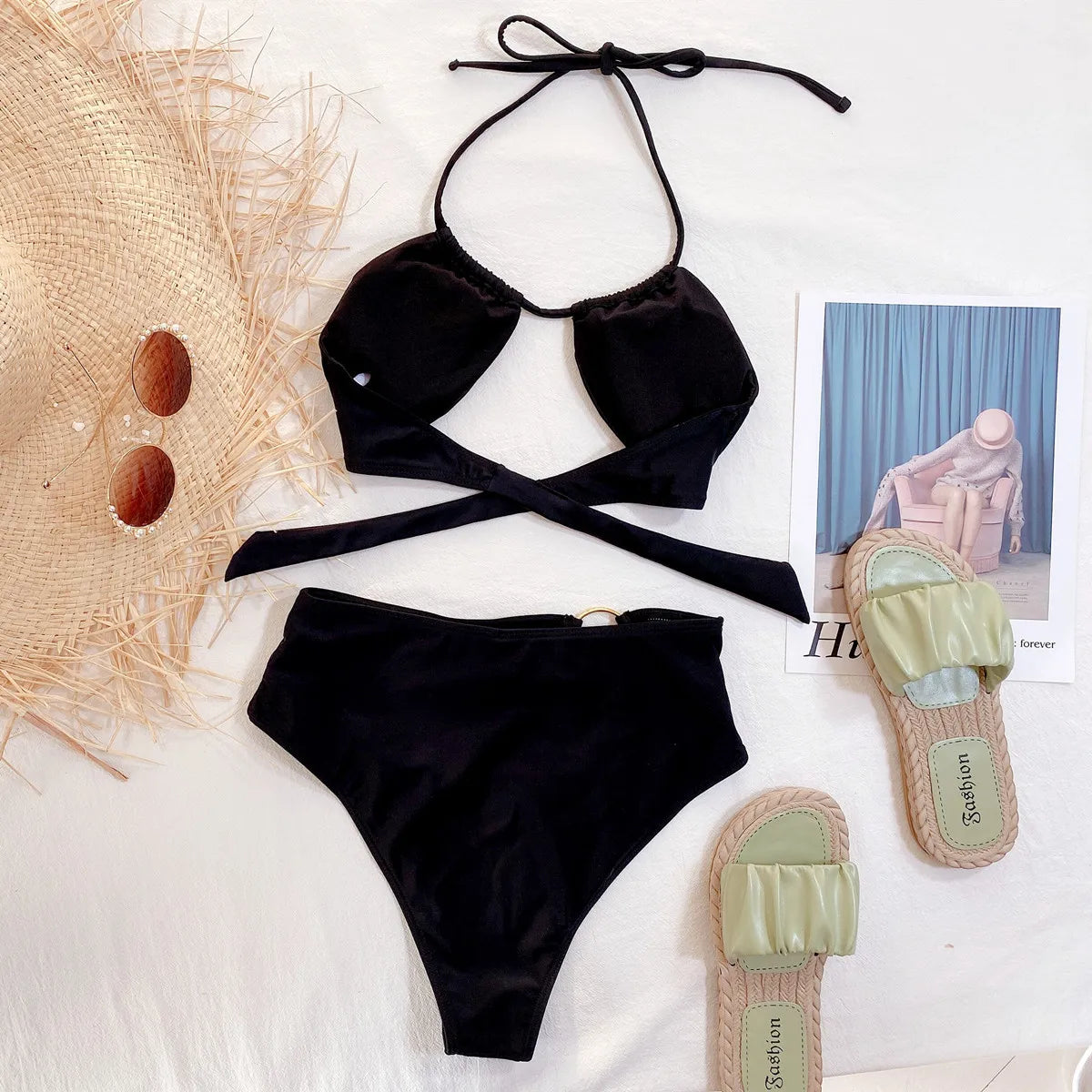 Bikini 2026 Sexy Swimwear Swimsuit Women Black Hollow High Waist Halter Bikinis Set Bathing Suit Beach Bikini Metal Ring Decor