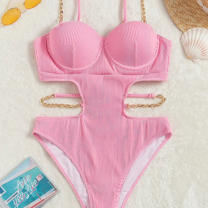 Sexy Ribbed Underwired Bra Cup Female Swimwear One Piece Swimsuit Women Backless Monokini High Cut Bathing Suit Swim Bodysuit