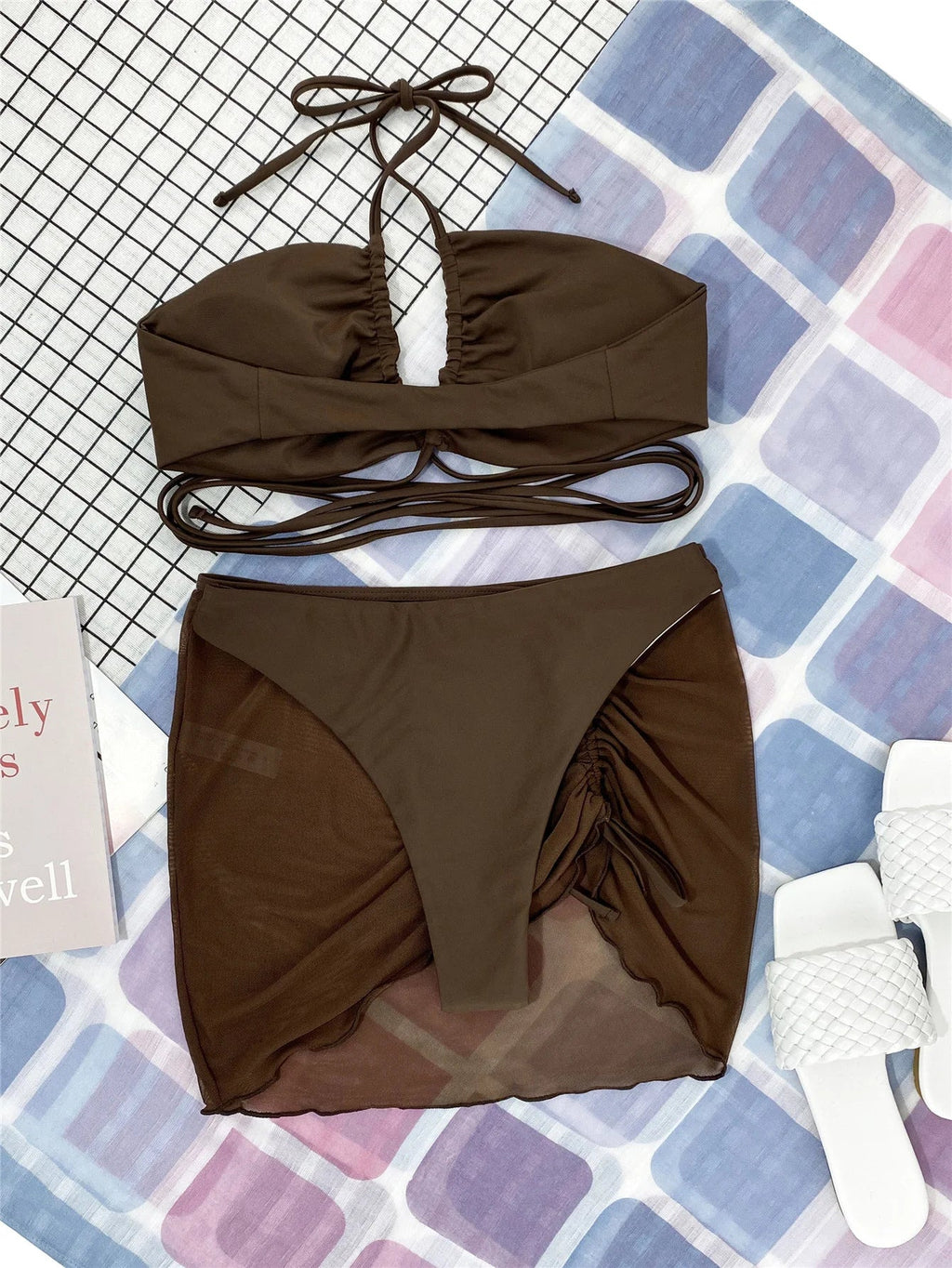 3 Pieces Criss Cross Halter Bikini 2026 Women & Beach Skirt Swimwear Female Sexy Swimsuit Beachwear Bathing Swimming Suit
