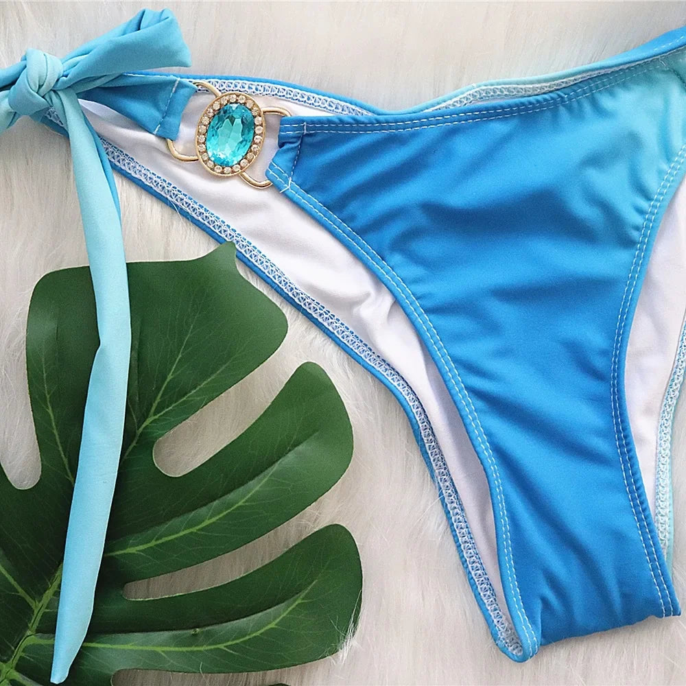 3 Colors Sexy Bikini Women Gradient Swimwear Swimsuit Luxe Crystal Diamond Halter Knot Strap Bikinis Set Bathing Suit Biquinis