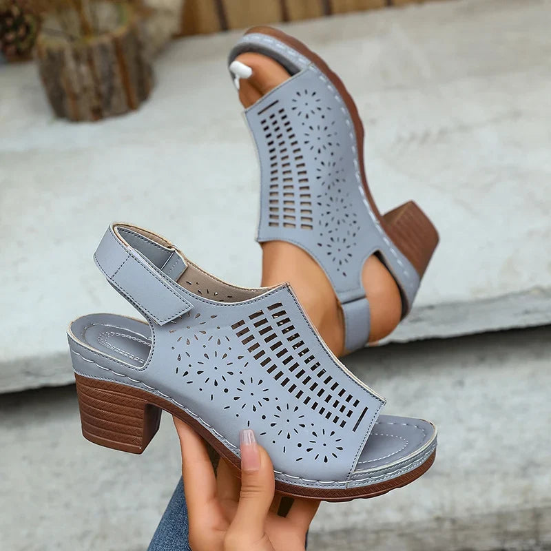 Retro Hollow Out Thick Heeled Sandals for Woman Summer Lightweight High Heels Sandals Women Plus Size Outdoor Platform Sandles