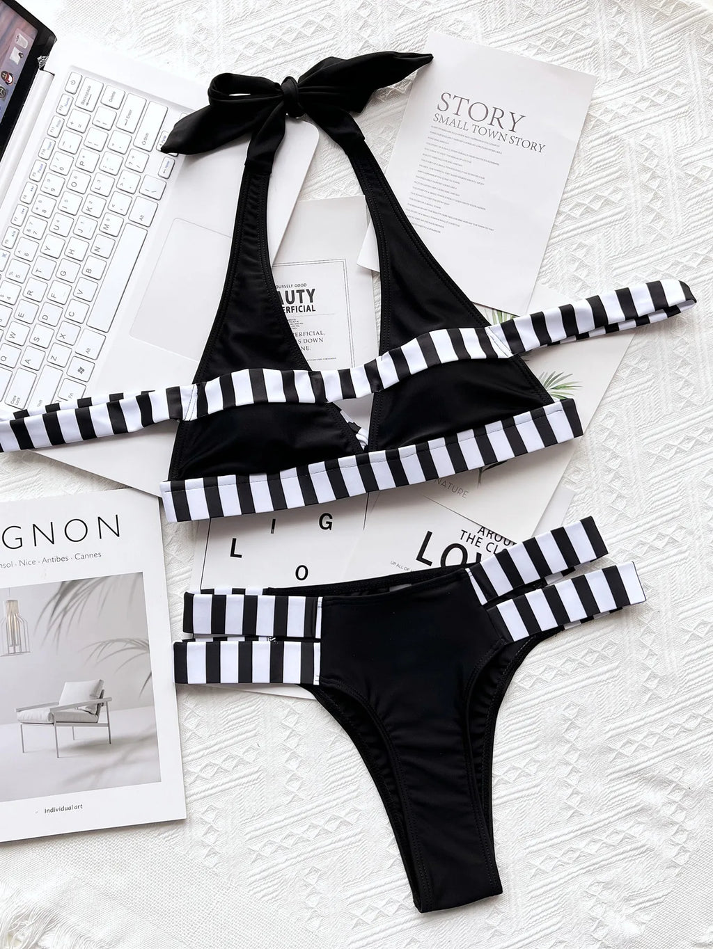 New Sexy Bikini Women Swimwear Swimsuit Striped Patchwork Hollow Halter Knotted High Waist Bikinis Set Bathing Suit Beach Bikini