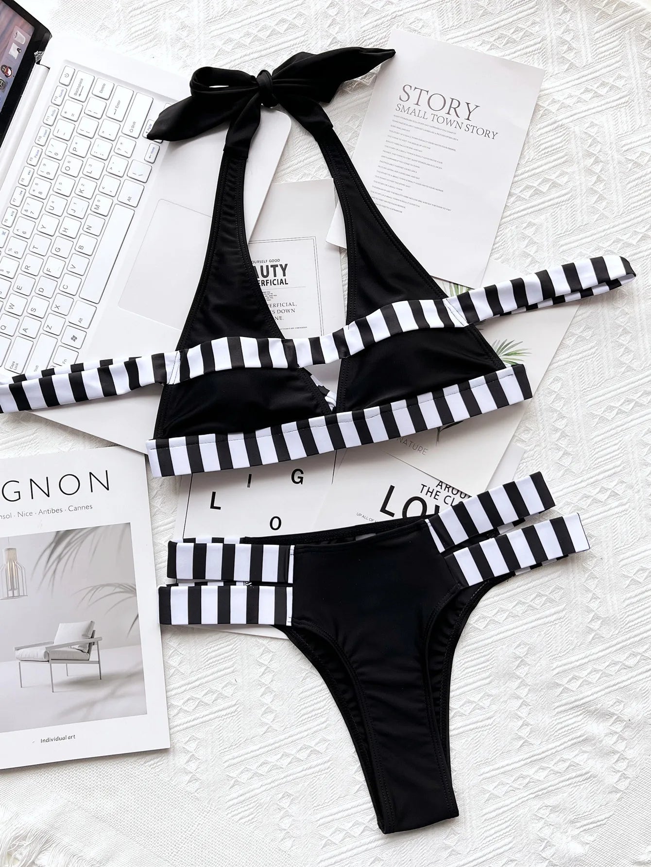 New Sexy Bikini Women Swimwear Swimsuit Striped Patchwork Hollow Halter Knotted High Waist Bikinis Set Bathing Suit Beach Bikini