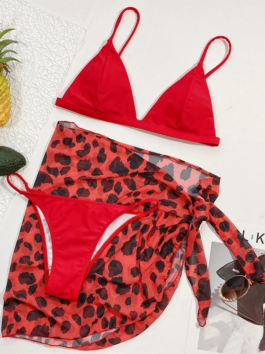 With Mesh Skirt Sarong Tie Dye Micro Bikini Women Swimsuit Female Swimwear Three Pieces Bikini Set Bathing Suit Swim Beachwear
