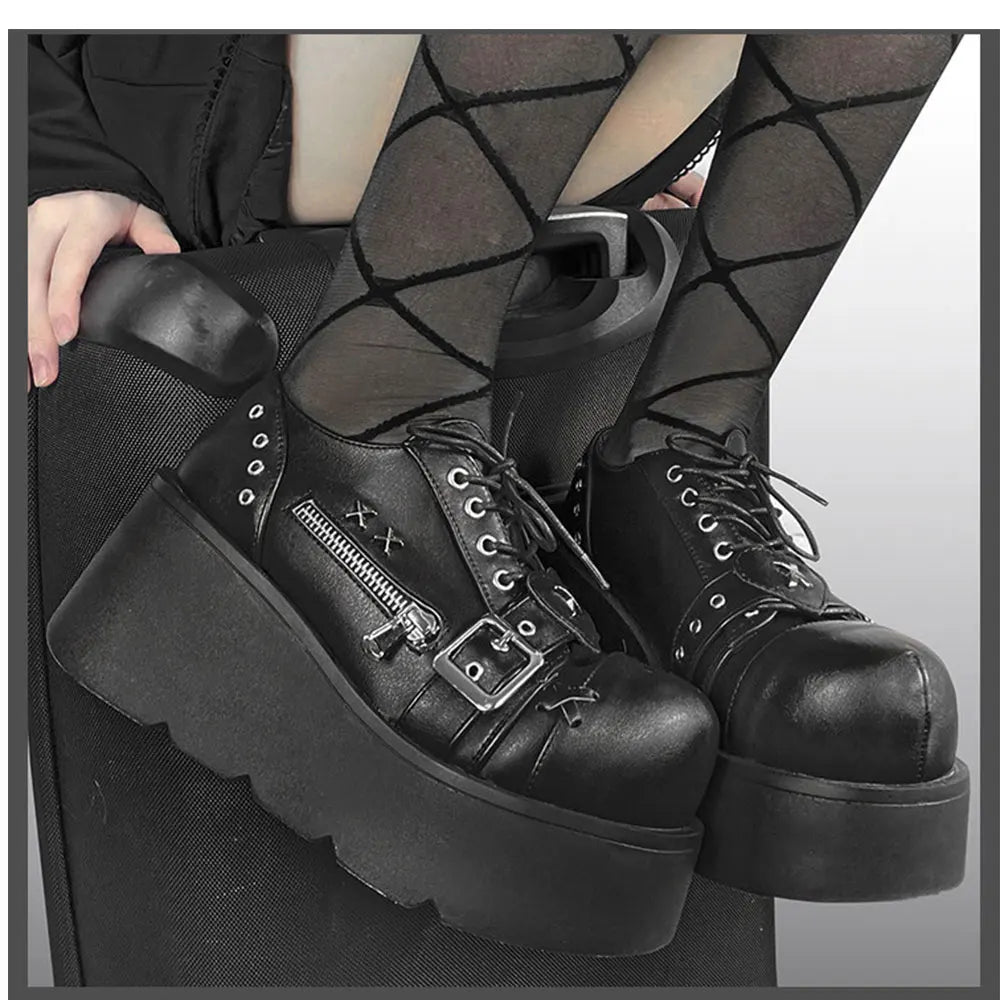 Size 42 Gothic Black Platform Creepers Shoes White Smooth Faux Leather Goth Creepers E-girl Chunky Lace Up Lolita Casual Shoes